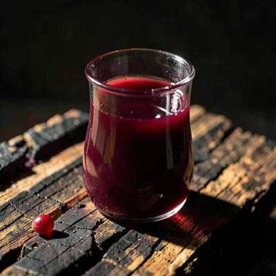 Glass beaker of fresh-pressed pomegranate juice on charred wood, the deep ruby c