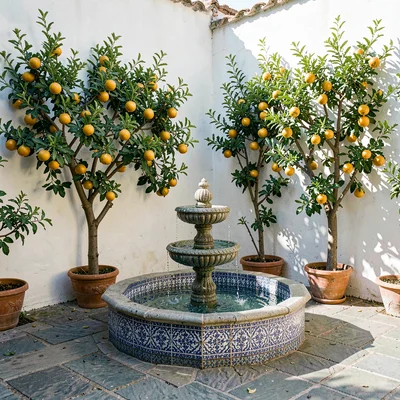 a Spanish patio garden at midmorning, tiled fountain murmuring, citrus trees tra
