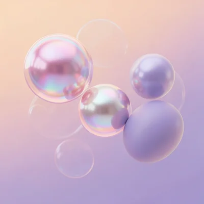 Three glossy spheres in translucent pink, iridescent pearl, and matte lavender f