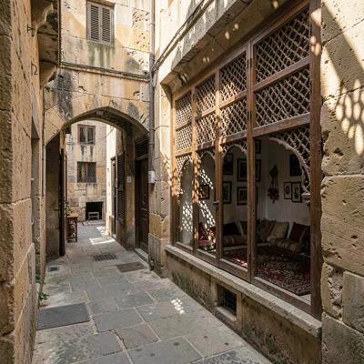 Historic medina photography, labyrinthine old city, Light filtering through a ca