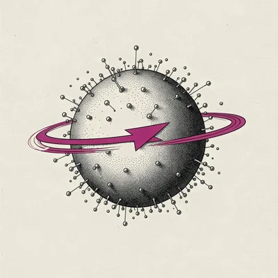 Tightly stippled sphere of orbiting tiny shapes representing data points, a mage