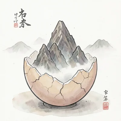 Tiny mountain range emerging from cracked eggshell, misty peaks