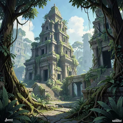Video game concept art illustration, an ancient ruins environment with overgrown