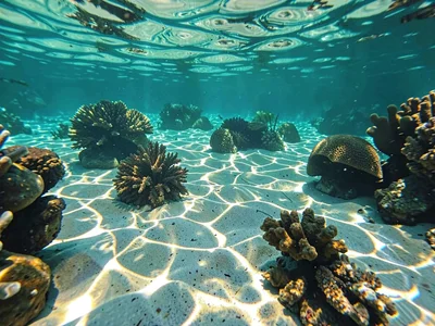Dappled sunlight creating bright network on coral sand