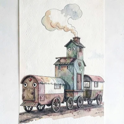 Vertical cut-paper collage of a tall puppet caravan with curling smoke from a ti