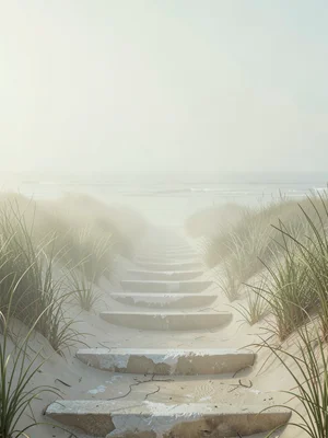 Salt-bleached steps climbing through reedy dunes to a sea that has entirely vani
