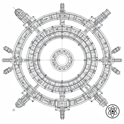 A space-station orbital diagram with concentric module rings, docking spurs at t