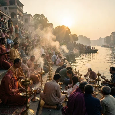 Sacred smoke catching golden Ganges light in Varanasi, Evening aarti preparation
