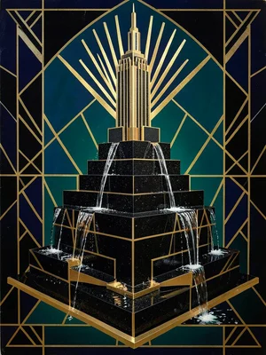 An Art Deco fountain: stepped pyramid form in black granite with gold accents, w