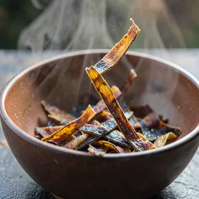 Macro square of dried bonito flakes drifting onto a hot bowl