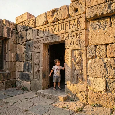 Old Jaffa time-layered, ancient port stone warmth, Child playing in doorway carv