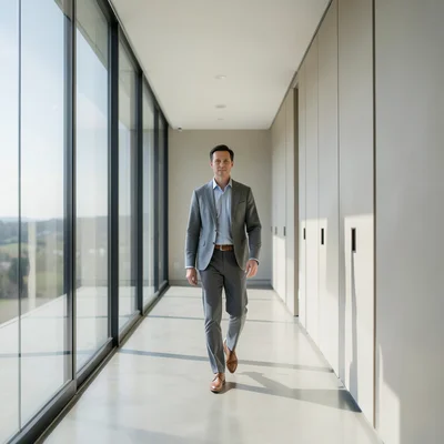 Person in business casual walking through a sunlit glass corridor