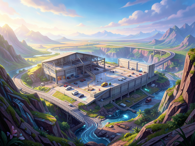 A breathtaking surreal landscape, dreamlike atmosphere,. warehouse floor plan. , painted with rich saturated colors, eth