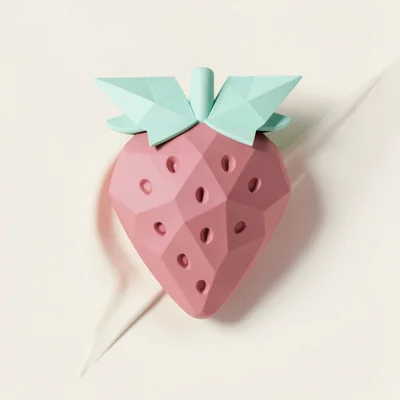 Berry dusty-pink lowpoly strawberry with a triangulated mint leaf cap, soft rim