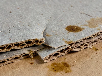 Chipboard surface, grey compressed recycled paper with visible fiber flecks, uti