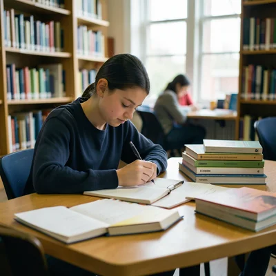 Student studying at a library table surrounded by stacked books and notes