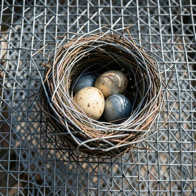 Wire mesh sculpture of bird's nest with spring eggs, fine gauge detail