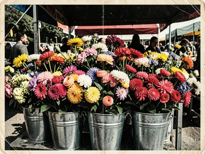 Fresh cut flower bouquets in metal buckets at farmers market stand