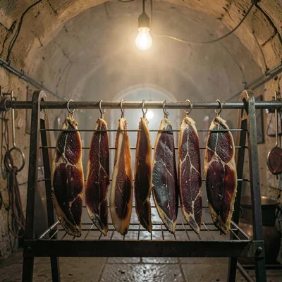 Vertical still life of a curing rack with bresaola hanging in a row, a faint cel