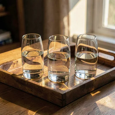 Warm still-life of a wooden tray with three glasses arranged for a flight, dappl