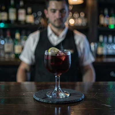 Nocturnal close-up of a single negroni on a coaster with deep ruby color, bar-ba