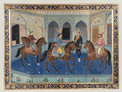 Polo players on horseback in a walled palace courtyard with patterned tile