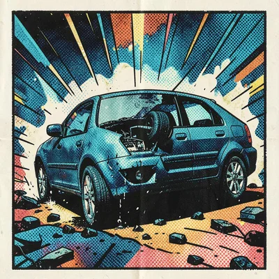 Halftone dot illustration, car crash dramatic scene , Ben-Day dots, pop art aest