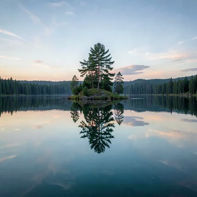 Finnish lake mirror, dead-calm reflection, Island with single pine tree, perfect