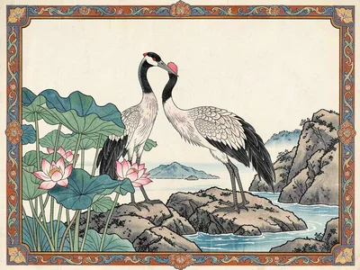 Pair of cranes standing among lotus blossoms near a rocky shore