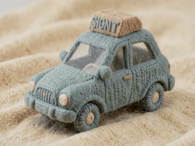 Sign-topped dusty-teal knit taxi with chunky-knit body, a felted roof emblem, an