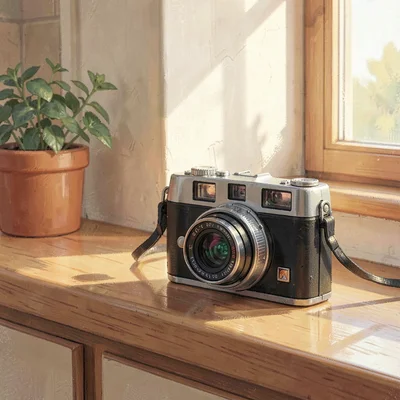 Warm corner of a small treat-dispensing camera on a kitchen counter, soft window