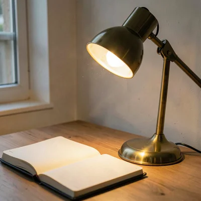 Side-light study of a brass desk lamp casting a warm pool of light on a notebook