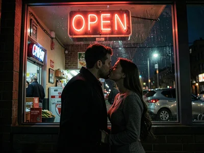 Couple kissing against convenience store window at midnight, OPEN sign buzzing r