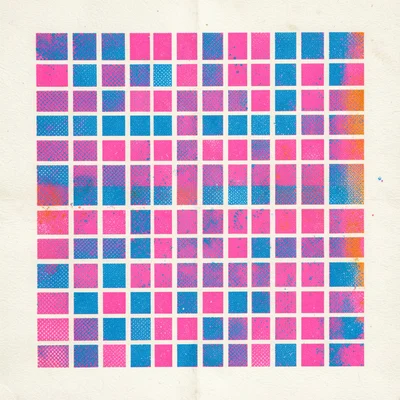 Riso-printed grid of small squares alternating pink and blue, every 10th square 