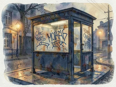 Bus stop shelter at twilight, graffiti on plexiglass, ochre and prussian blue vi