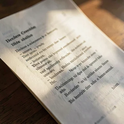 Vertical macro of a single screenplay page mid-turn, raking light across the tex