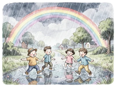 Children splashing in puddles with rainbow