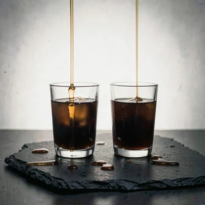 Two glasses on a slate surface with syrup drizzled in, lightbox-soft backlight