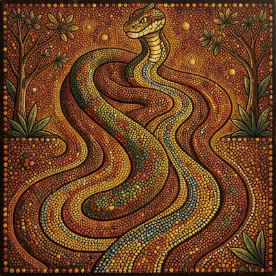 Indigenous Australian dot painting illustration, a snake ancestor creating river