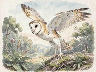 Barn owl flight ornithological plate