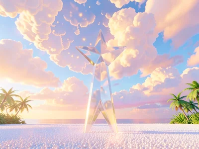 Mid-frame composition with a tall translucent star sculpture upright on a pearl 