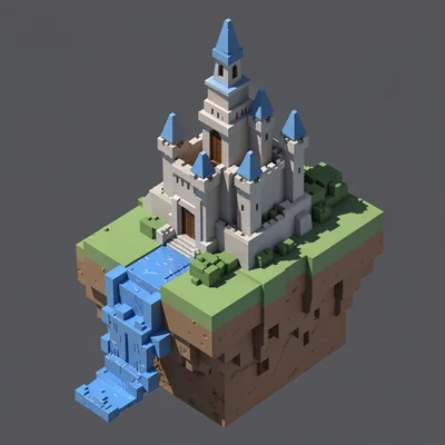 A fantasy castle on a floating island of block earth, with waterfalls of blue cu