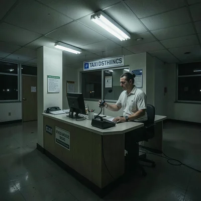 Taxi dispatch office at 3am with dispatcher and radio