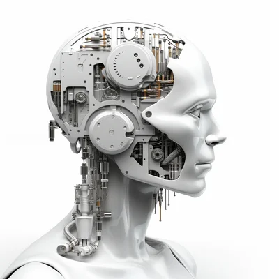3D plastilina robot brain assembly tools on clean whi