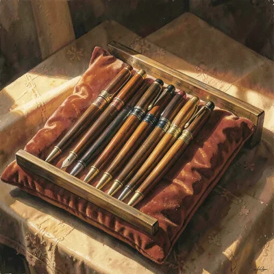 Warm gouache painting of a tray of fine pens lined on a velvet pillow, honey aft