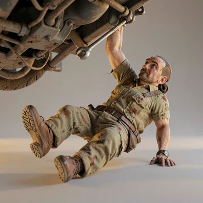 A mechanic-scavenger lies on the back working overhead at an unseen undercarriag