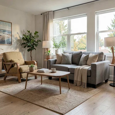 staged model unit living room with rental-grade furnishings, listing photo