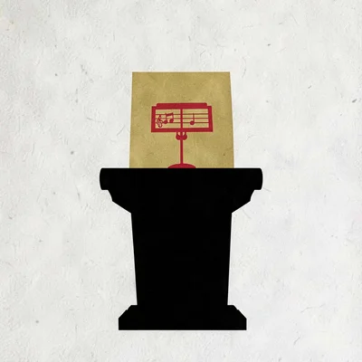 graphic bold silhouette of a single conductor-podium with sheet-music silhouette