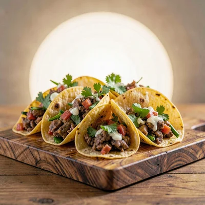 IG-grid shot of finished tacos arranged on a warm pine board, lightbox-soft halo