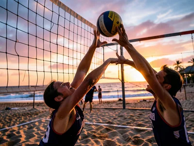 Volleyball spike at the net, two hands blocking, sand court, beach sunset behind